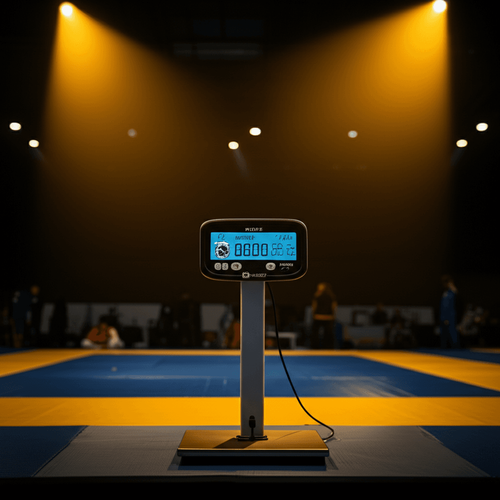 Competition weigh-in scene with scale and BJJ gear