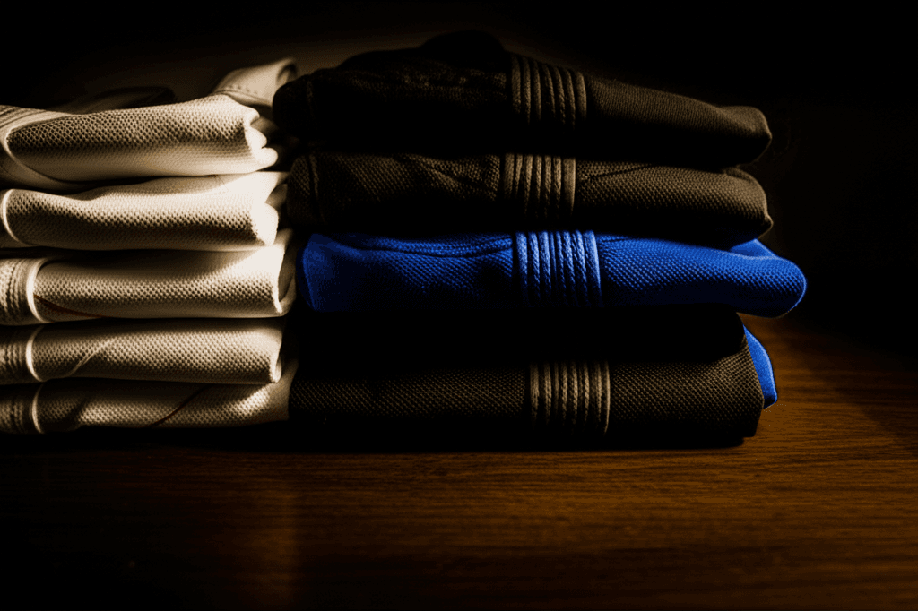 Collection of BJJ gis in white, blue, and black colors