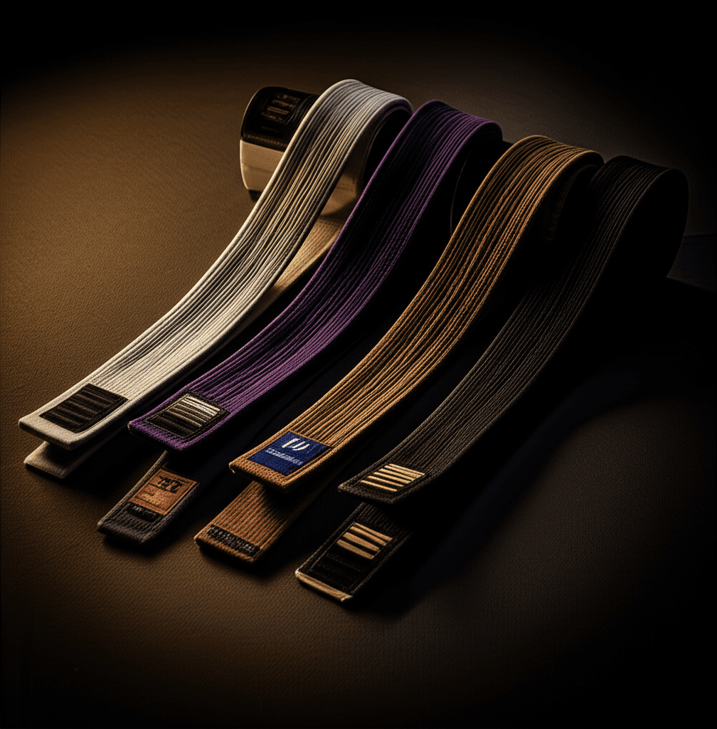All five BJJ belts arranged showing the progression journey