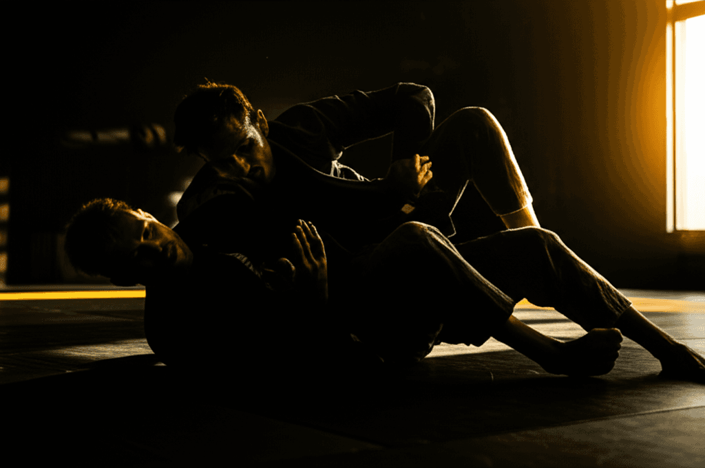 BJJ practitioner training hard on the mats